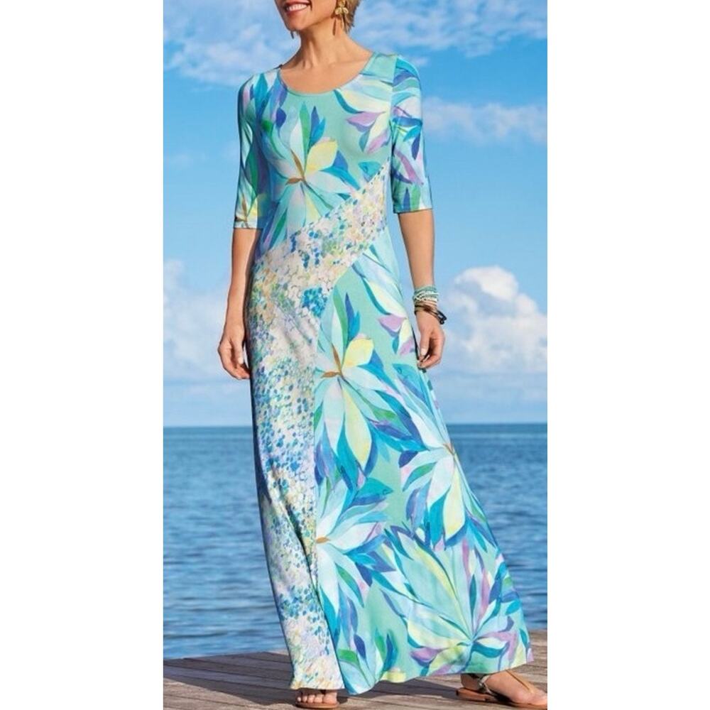 Soft Surroundings Painterly Blue Stella Maxi Dress Jersey Stretch Resort Medium